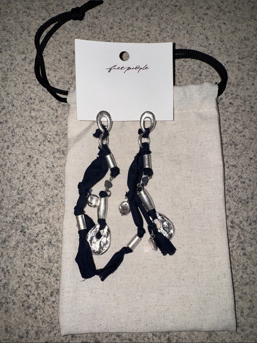 Free People Navy & Silver Fabric Tassel Drop Earrings